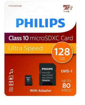 Philips MicroSDXC 128GB CL10 80mb/s UHS-I +Adaptateur au détail